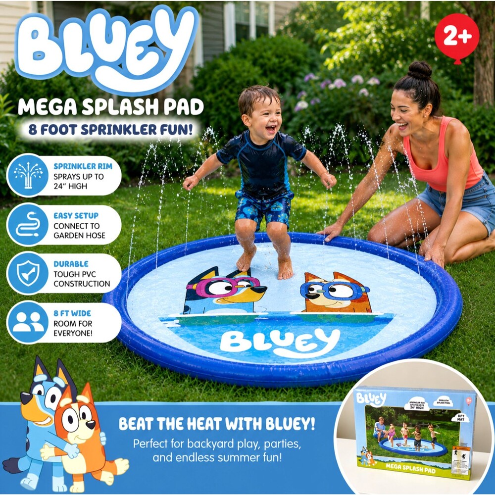Bluey 8Ft Splash Pad Sprinkler Shallow Pool Bingo Kids Outdoor Water Play Ludo